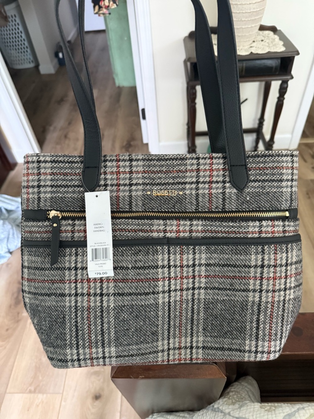 Rosetti Plaid Tote Bag in Gray with Black Trim NWT